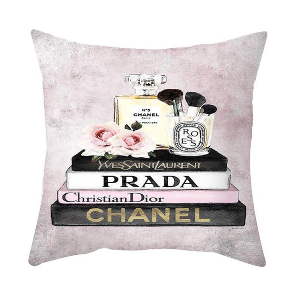 CHANEL PERFUME&DESIGNER BOOK STACK 20X20 PILLOW COVER-PINK &WHITE
