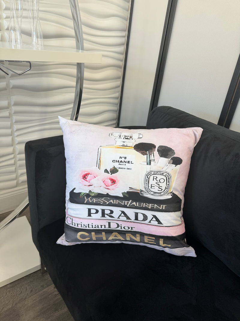 CHANEL PERFUME&DESIGNER BOOK STACK 20X20 PILLOW COVER-PINK &WHITE