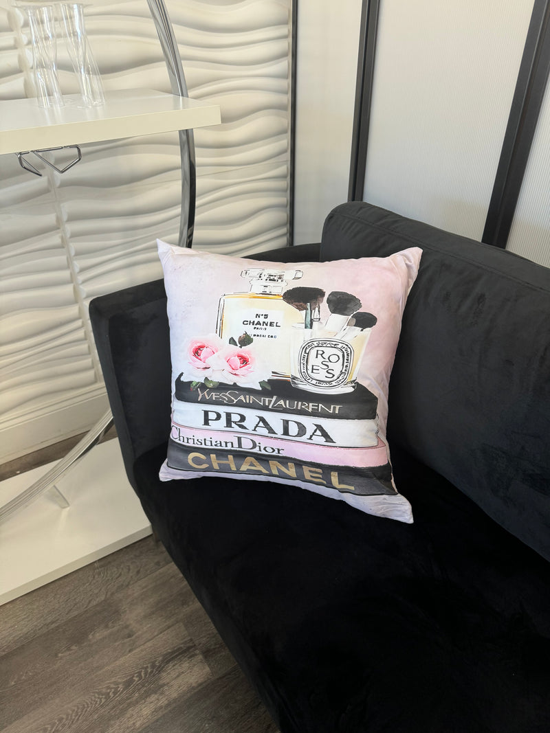 CHANEL PERFUME&DESIGNER BOOK STACK 20X20 PILLOW COVER-PINK &WHITE