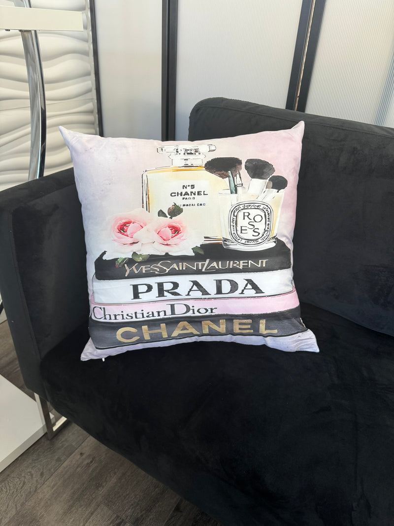 CHANEL PERFUME&DESIGNER BOOK STACK 20X20 PILLOW COVER-PINK &WHITE
