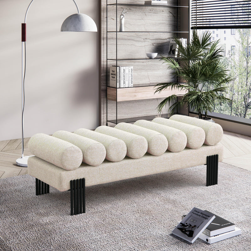 Meridian Akeela Beige Linen Textured Fabric Bench IMAGE 2