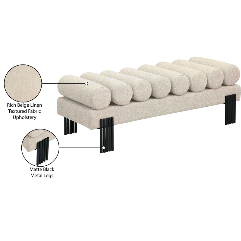  Meridian Akeela Beige Linen Textured Fabric Upholstered Bench IMAGE 8