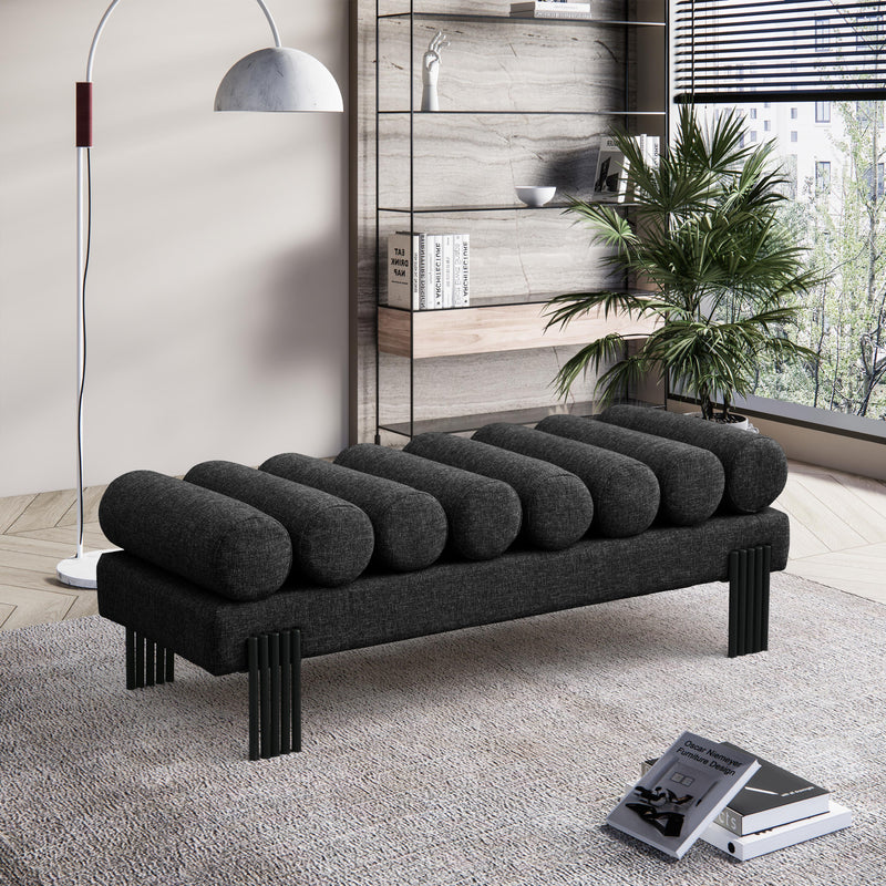 Meridian Akeela Black Linen Textured Fabric Bench IMAGE 2