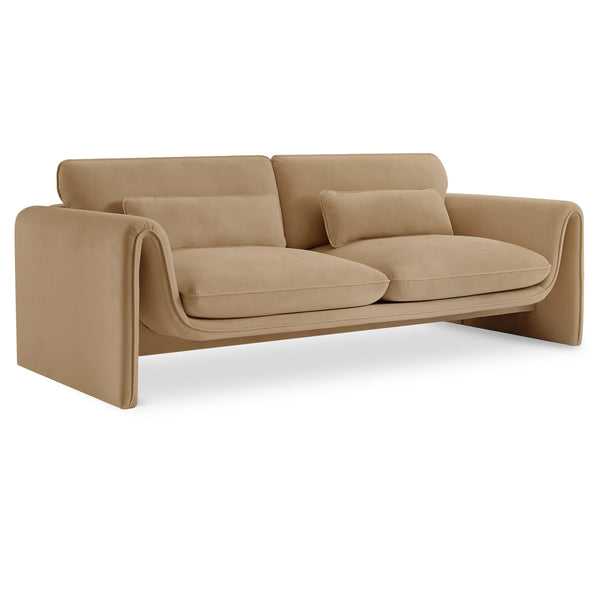 Meridian Sloan Camel Velvet Fabric Sofa IMAGE 1