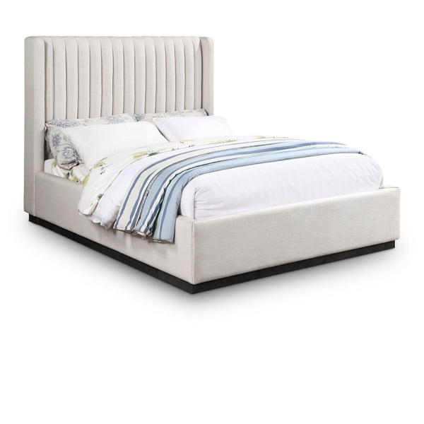 Meridian Logan Beige Linen Textured Fabric Full Bed IMAGE 1