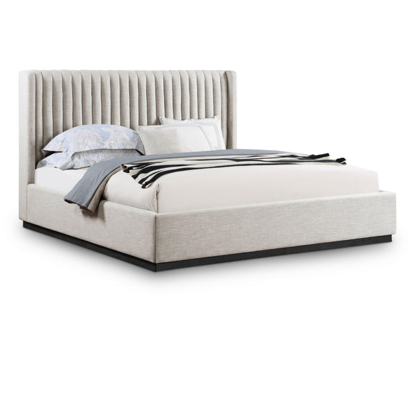 Meridian Logan Beige Linen Textured Fabric King Bed IMAGE 1