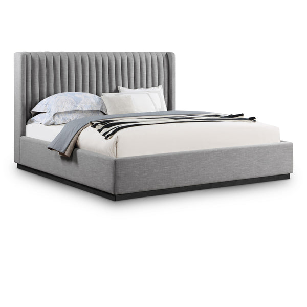 Meridian Logan Grey Linen Textured Fabric King Bed IMAGE 1