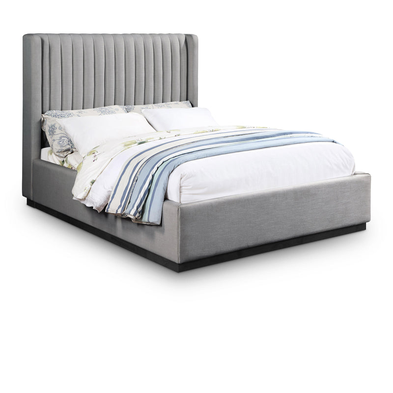 Meridian Logan Grey Linen Textured Fabric Queen Bed IMAGE 1