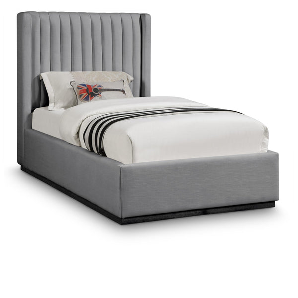 Meridian Logan Grey Linen Textured Fabric Twin Bed IMAGE 1