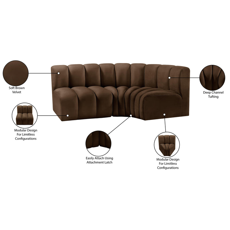 Meridian Arc Brown Velvet 3 pc Modular Sectional IMAGE 9