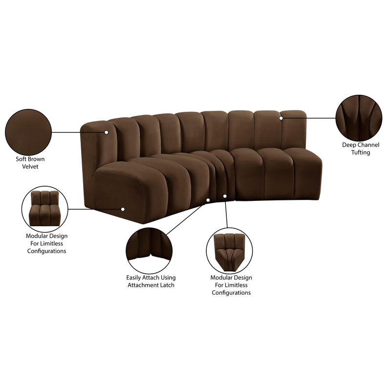 Meridian Arc Brown Velvet 3 pc Modular Sectional IMAGE 9