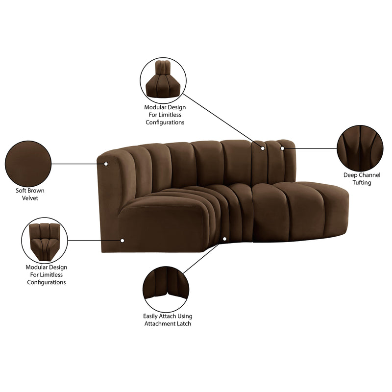 Meridian Arc Brown Velvet 3 pc Modular Sectional IMAGE 9