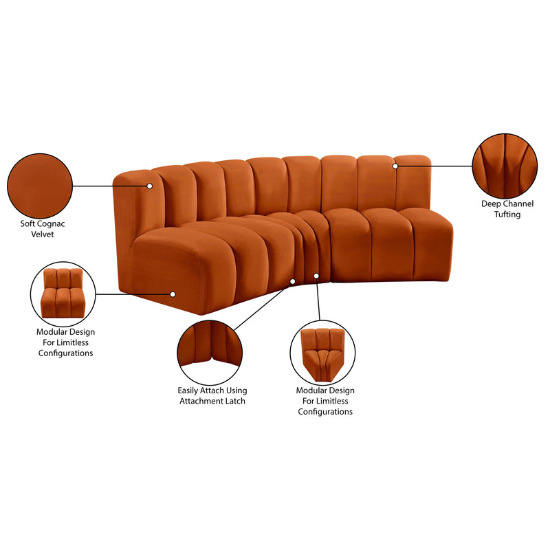 Meridian Arc Cognac Velvet 3 pc Modular Sectional IMAGE 9