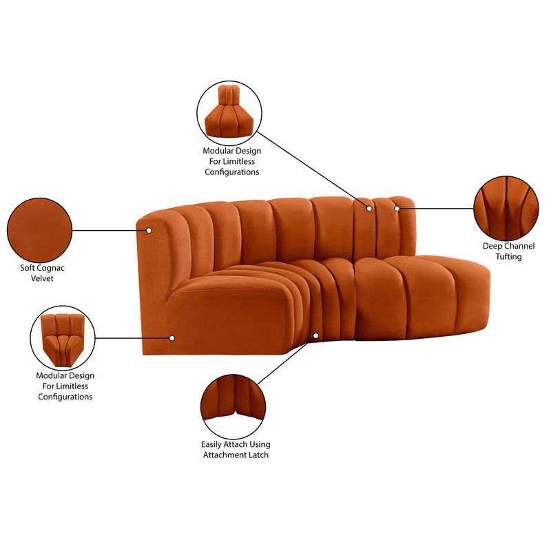 Meridian Arc Cognac Velvet 3 pc Modular Sectional IMAGE 9