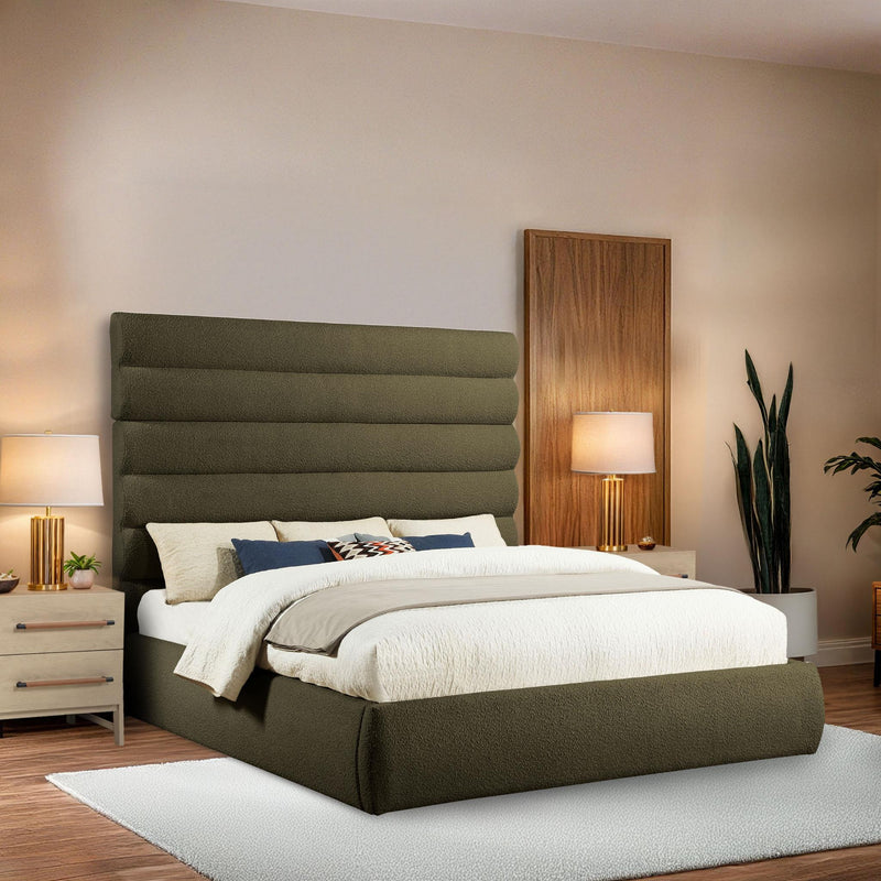 Meridian Adam Olive Boucle Fabric King Bed IMAGE 2