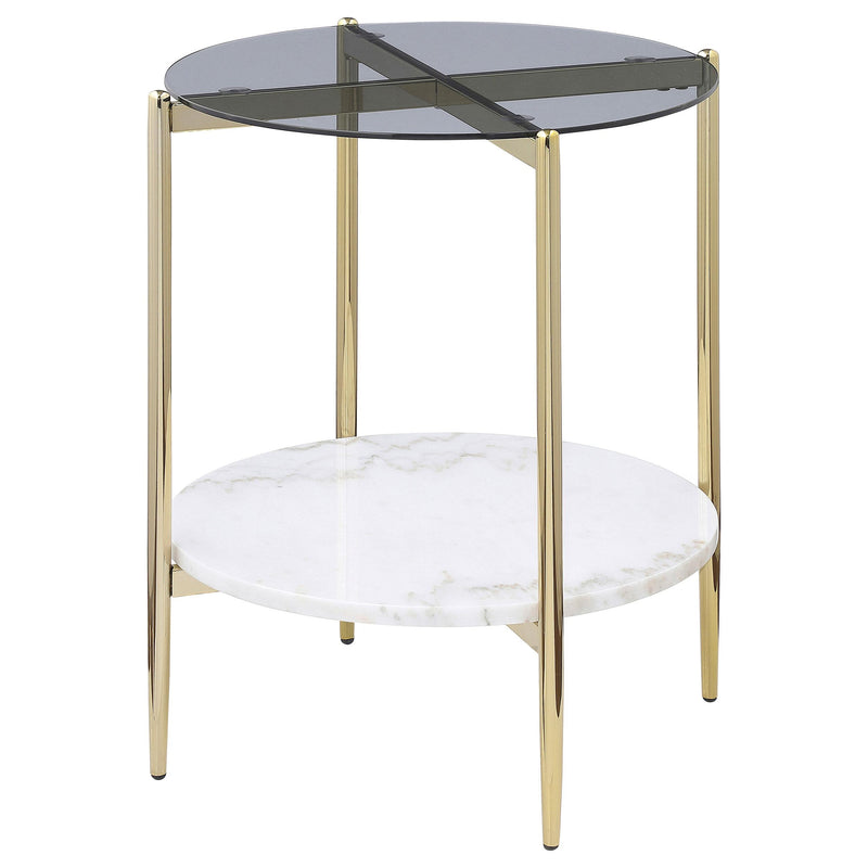  Coaster Furniture Jonelle 710337 Round Glass Top End Table - White Marble Shelf Gold IMAGE 4