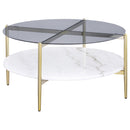  Coaster Furniture Jonelle 710338 Round Glass Top Coffee Table - White Marble Shelf Gold IMAGE 1