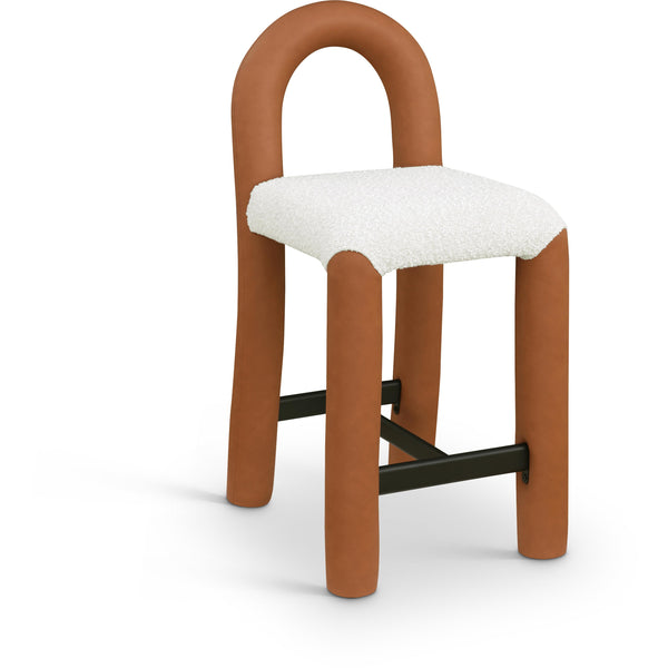 Meridian Amari Cognac Vegan Leather and Boucle Fabric Stool IMAGE 1