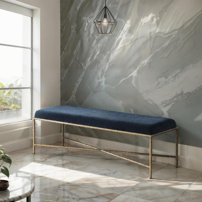 Meridian Valley Navy Chenille Fabric Bench IMAGE 2