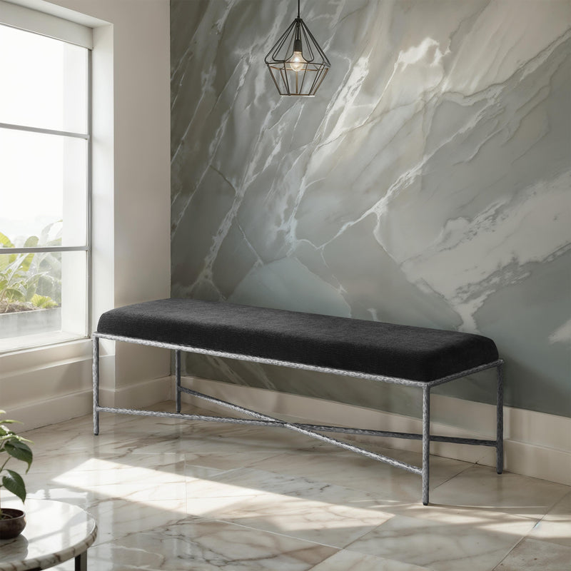 Meridian Valley Black Chenille Fabric Bench IMAGE 2