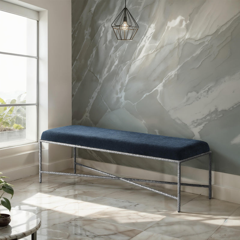 Meridian Valley Navy Chenille Fabric Bench IMAGE 2