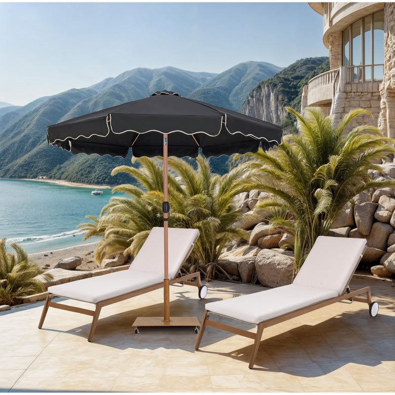 Meridian Amalfi Black Fabric With Cream Piping / Teak Aluminum Patio Umbrella with Base Sets IMAGE 2