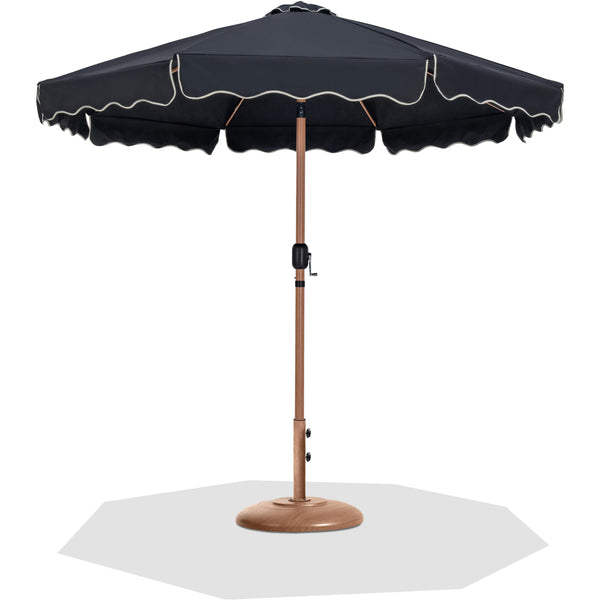 Meridian Amalfi Black Fabric With Cream Piping / Teak Aluminum Patio Umbrella with Base Sets IMAGE 1