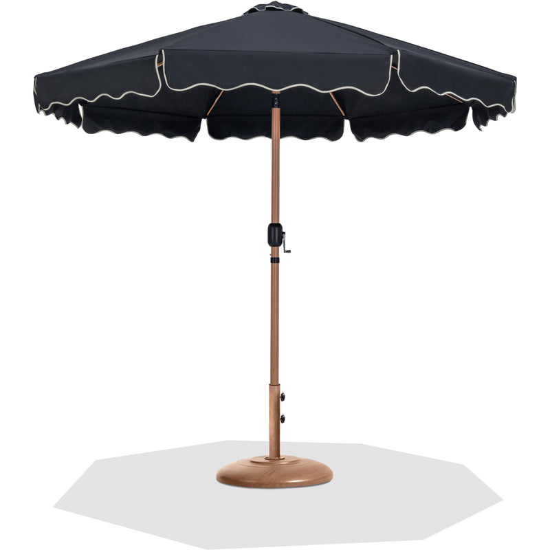 Meridian Amalfi Black Fabric With Cream Piping / Teak Aluminum Patio Umbrella with Base Sets IMAGE 1