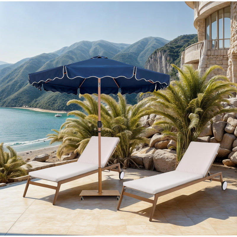 Meridian Amalfi Navy Fabric With Cream Piping / Teak Aluminum Patio Umbrella with Base Sets IMAGE 2