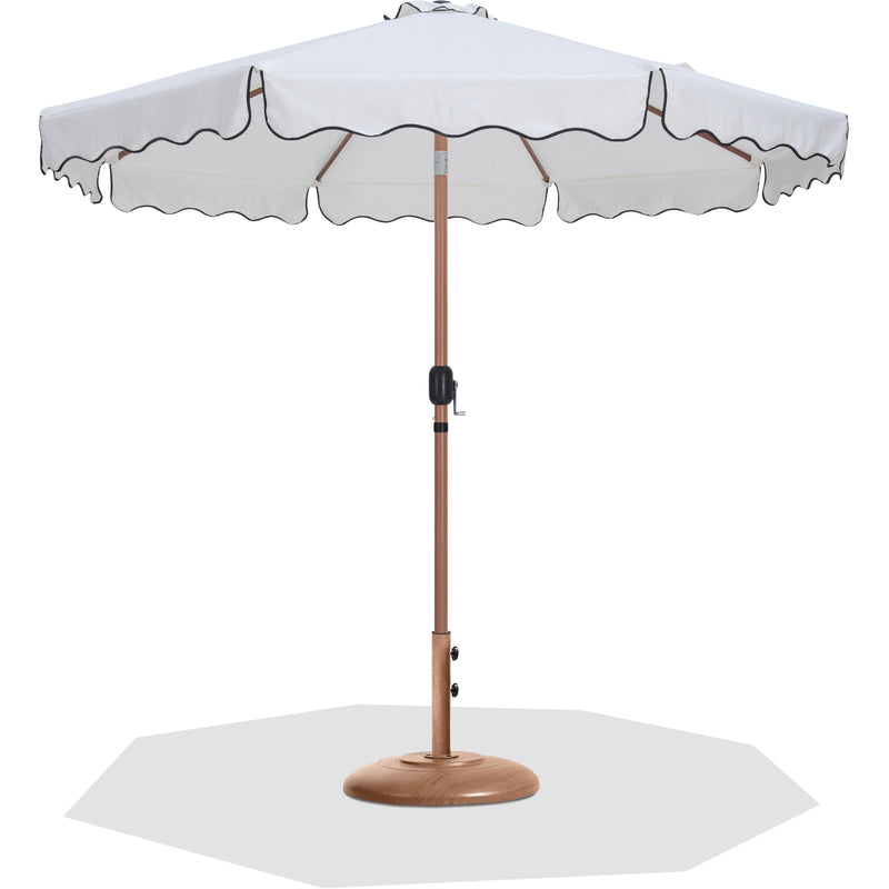 Meridian Amalfi White Fabric With Black Piping / Teak Aluminum Patio Umbrella with Base Sets IMAGE 1