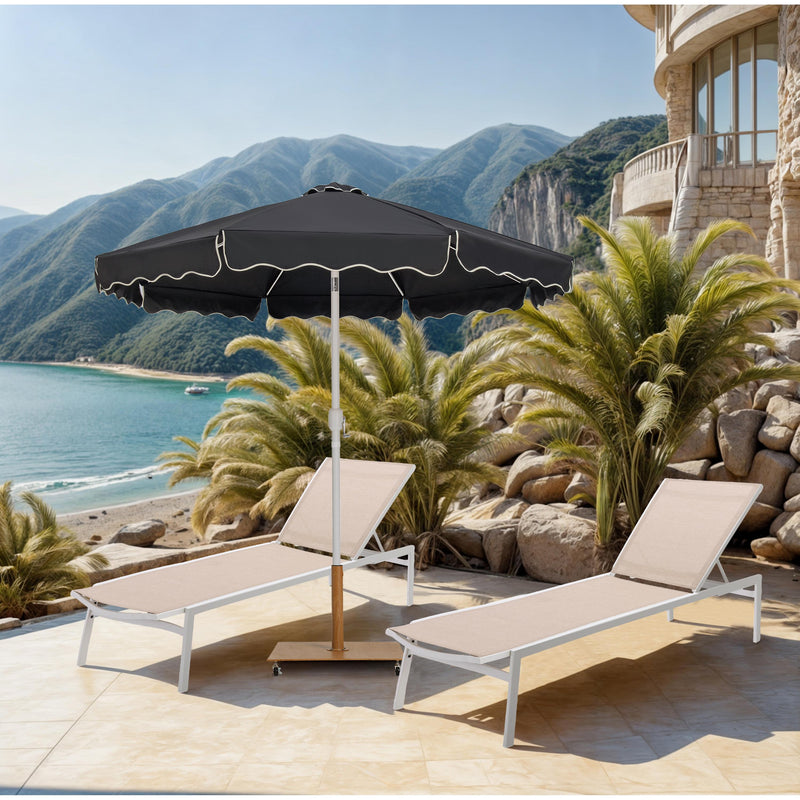 Meridian Amalfi Black Fabric With Cream Piping / Teak Aluminum Patio Umbrella with Base Sets IMAGE 2