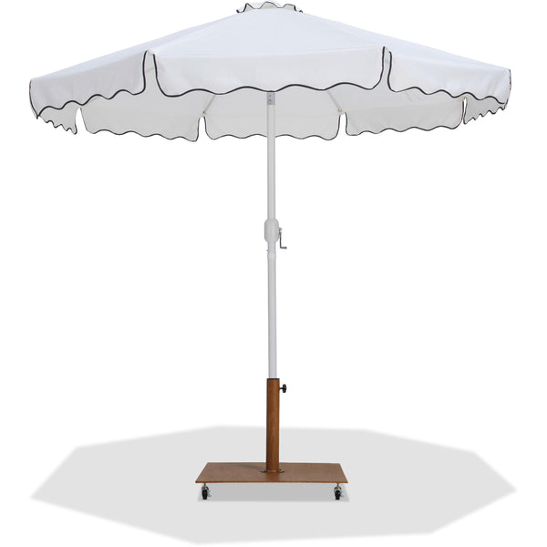 Meridian Amalfi White Fabric With Black Piping / Teak Aluminum Patio Umbrella with Base Sets IMAGE 1