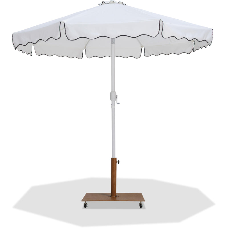 Meridian Amalfi White Fabric With Black Piping / Teak Aluminum Patio Umbrella with Base Sets IMAGE 1
