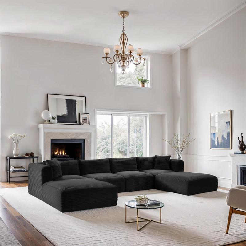 Meridian Shaggy Black Corduroy Performance Fabric Modular Sectional IMAGE 2