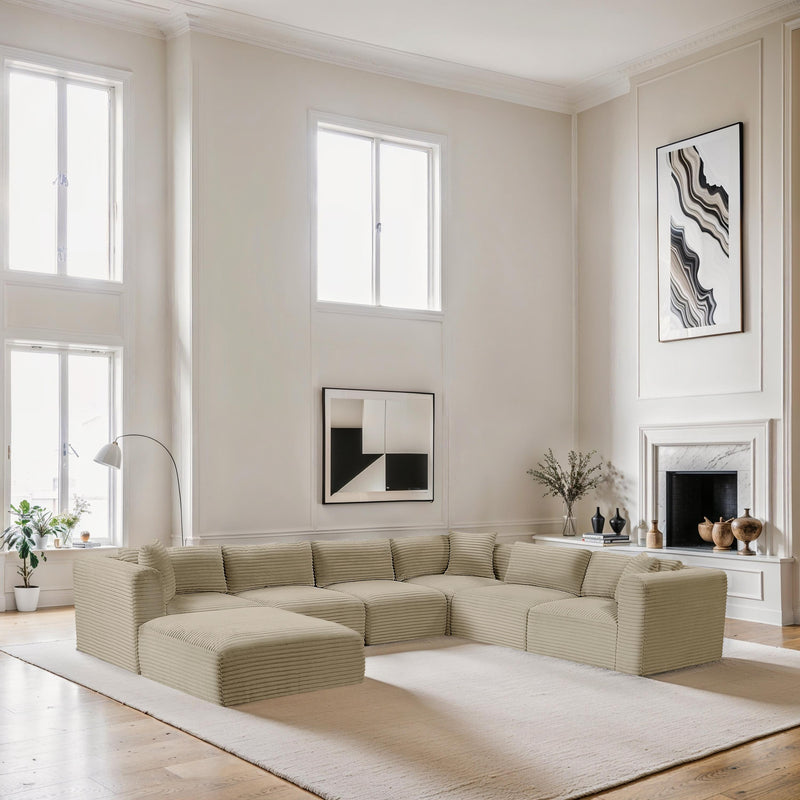 Meridian Shaggy Cream Corduroy Performance Fabric Modular Sectional IMAGE 2