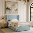  Meridian Kendall Light Blue Linen Textured Fabric Upholstered Twin Bed IMAGE 2